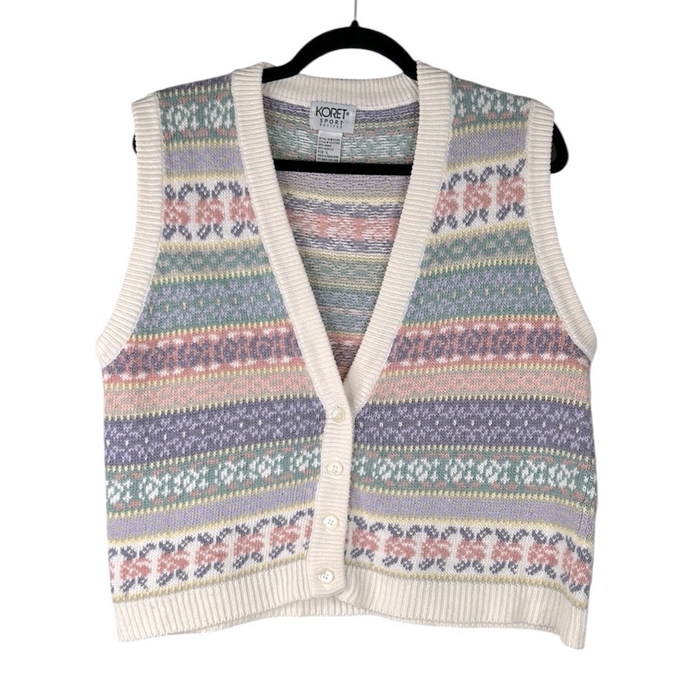 Koret Vintage Pastel Multi-Colored Button Down Classic Knit Vest Size Large